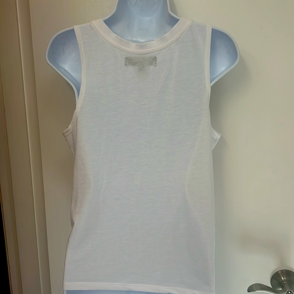 111. Almost Famous White, Pink & Blue V Neck Tank, Tribal Aztec Floral Sequins - Picture 6 of 9